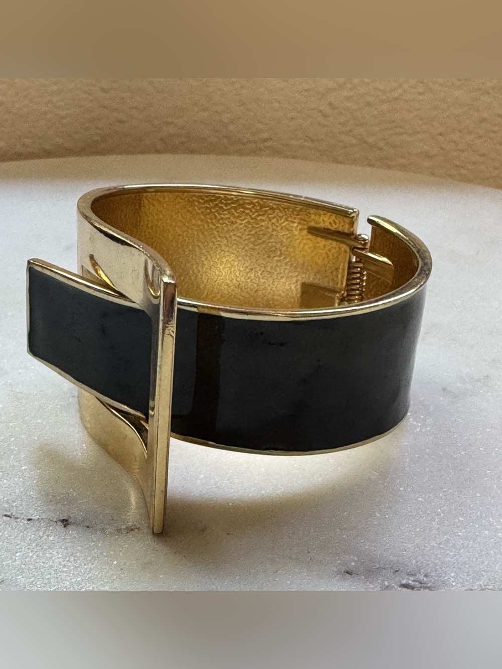 Gold-Tone Black and White Enamel Buckle Clamper Bracelet - Picture 4 of 11